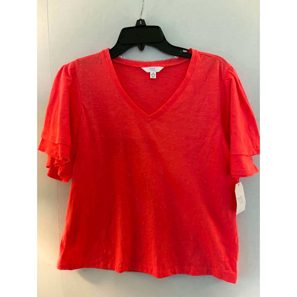 Time and Tru Womens M Orange Flutter Sleeve V Neck Top Boho Feminine NWT - Picture 1 of 9